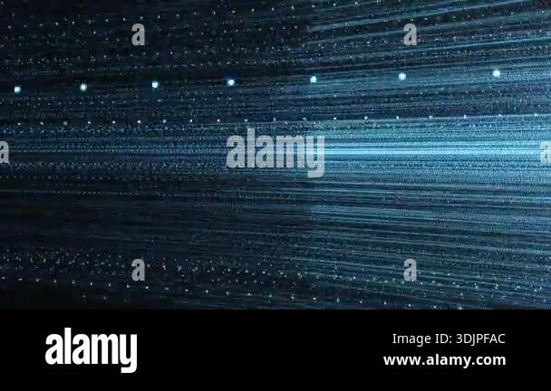 Abstract blue digital lines and particles moving horizontally, creating ...