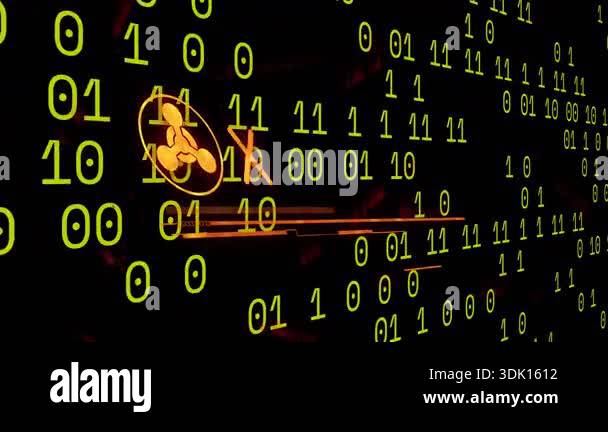 Binary digits scrolling starting amber icon emerging flashing RED ALERT ...