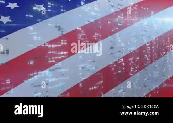 Digital grid streaming across American flag rippling under pulsing lens ...