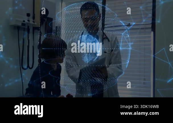 Doctor tapping tablet and guiding boy interacting with holographic ...