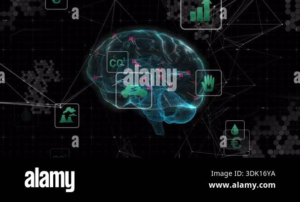 Illuminating nodes activating rotating brain, icons fading and ...