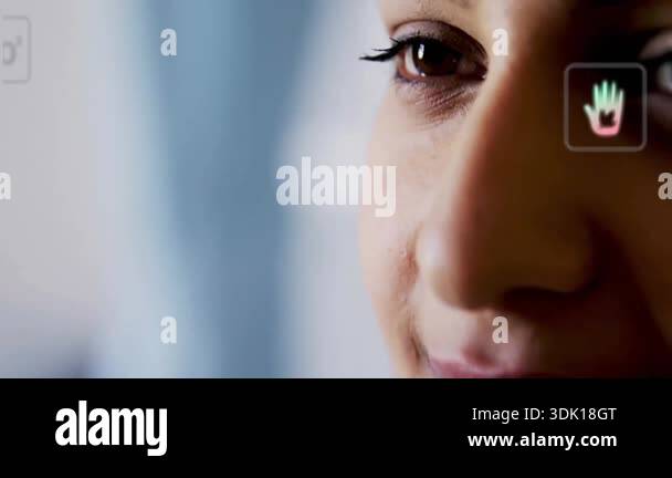 Operator emitting amber beam into woman eye activating health scan ...