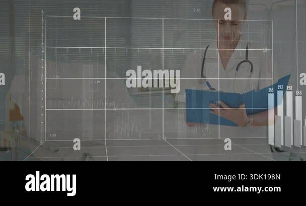 After grid appearing female doctor flipping folder as rising chart bars ...
