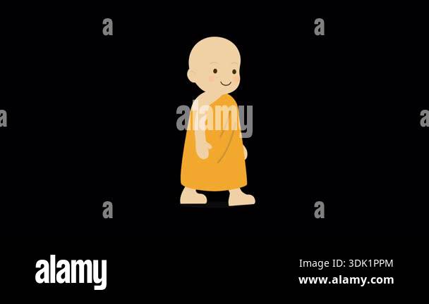Buddhist Monk Cartoon Character Walk Cycle Animation with Alpha Channel ...