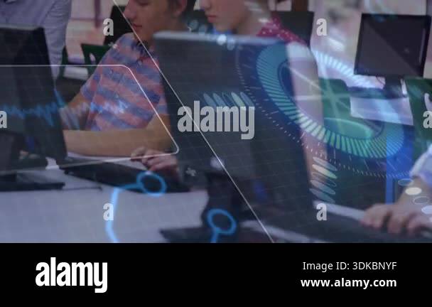 Female teacher entering computer lab and guiding students coding, data ...