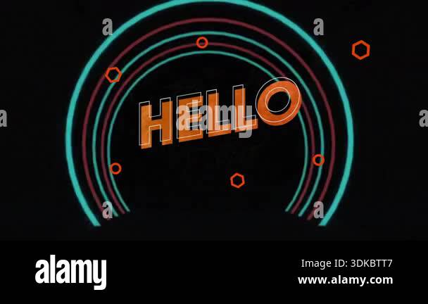 Neon arches sliding behind 3D HELLO text, orange shapes orbiting and ...