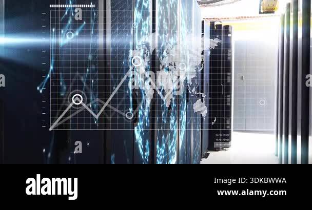Data center server racks showing grid overlay fading in world map and ...