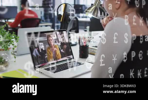 Remote presenter raising hand explaining finance floating currency ...