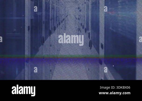 Grainy glitch feed opening, camera panning corridor pixelating server ...