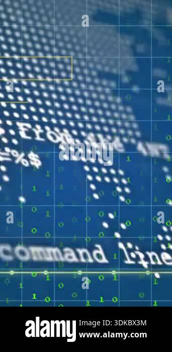 Binary code and data processing animation over blue technical grid ...