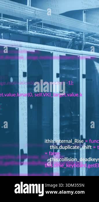 Animation of computer language over connected dots on server racks in ...