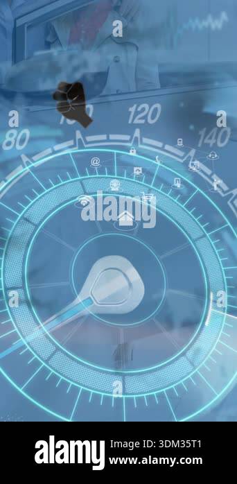 Animation of icons floating over speedometer and car. global automotive ...
