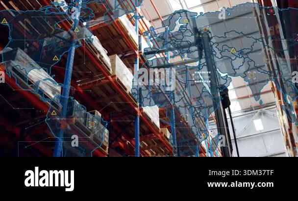 Forklift aligning forks beneath pallet lifting it into rack while map ...