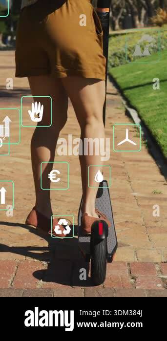 Animation of ecology icons over woman riding scooter in park. health ...