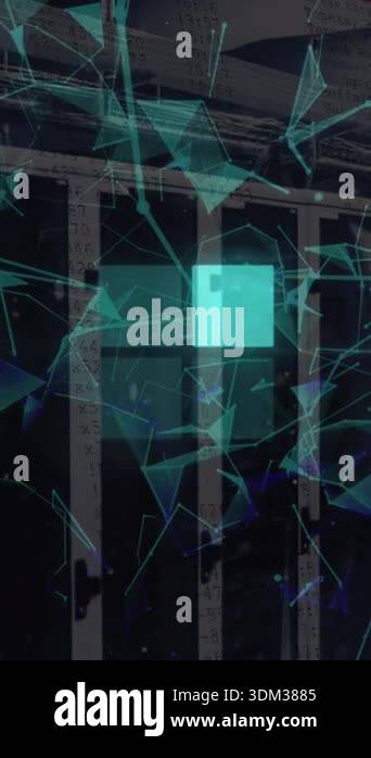 Animation of loading squares and shapes over server room. Global ...