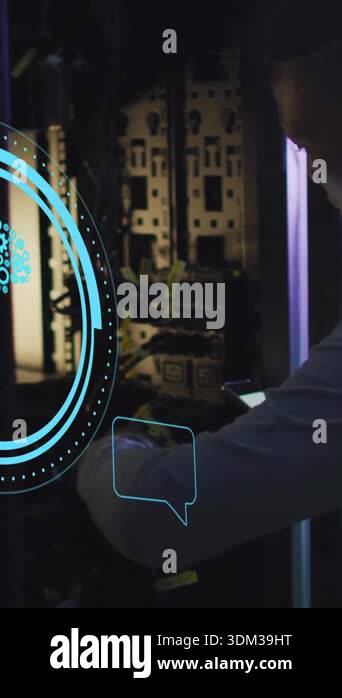 Animation of brain network in circular scanner and chat icons over male ...