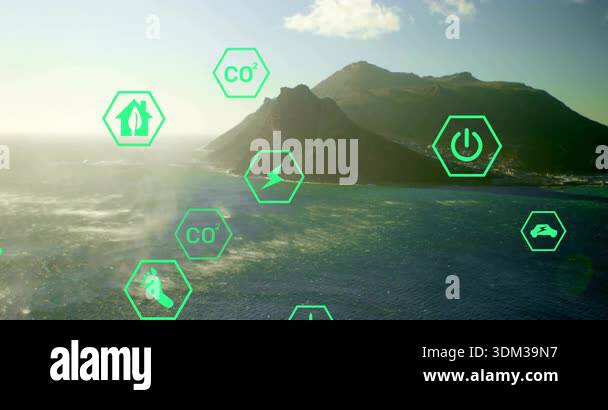 Following aerial view, icons fading and drifting over mountain island ...