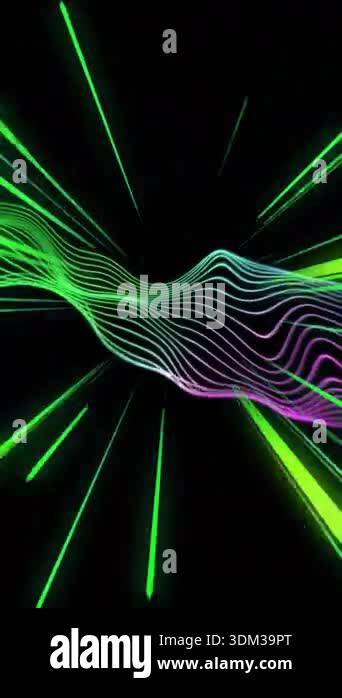 Green and purple light waves animation over black background with ...