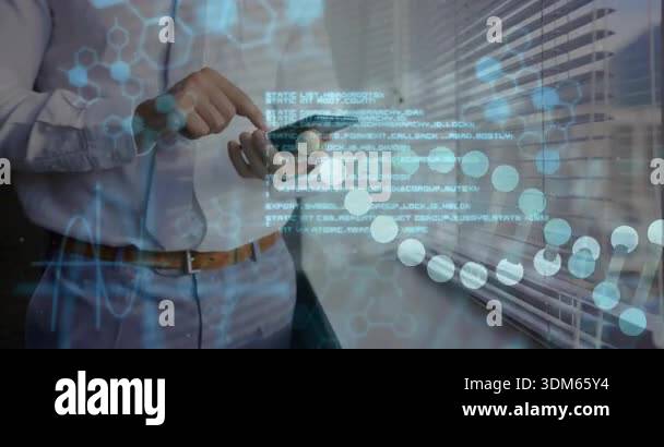 Tech pro tapping smartphone by blinds, hex overlays forming DNA strand ...
