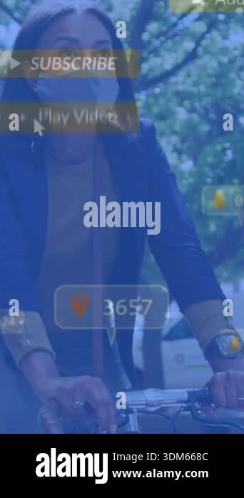 Animation of social media notifications over woman in face mask riding ...