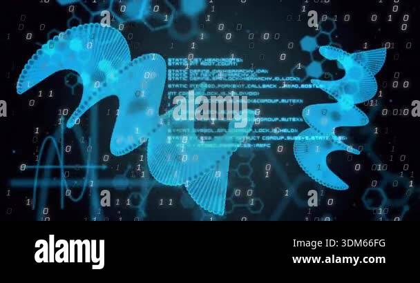 Floating binary bits displaying code behind ribbons undulating rotating ...