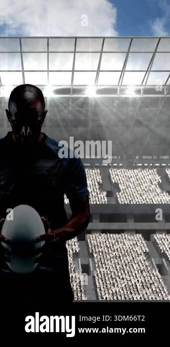 Animation of rugby player holding ball over sports stadium. sports ...