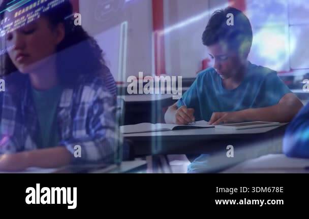 Classmates writing notebooks while AR charts, code overlaying learning ...