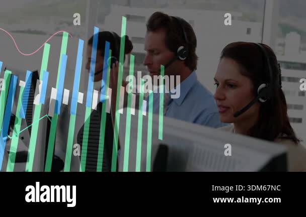 Call center agents speaking while bar graph sliding and line chart ...