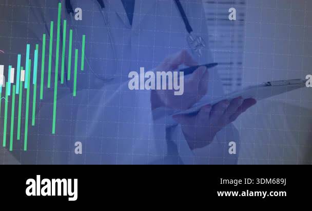 Animated medical chart overlay appearing beside doctor writing ...