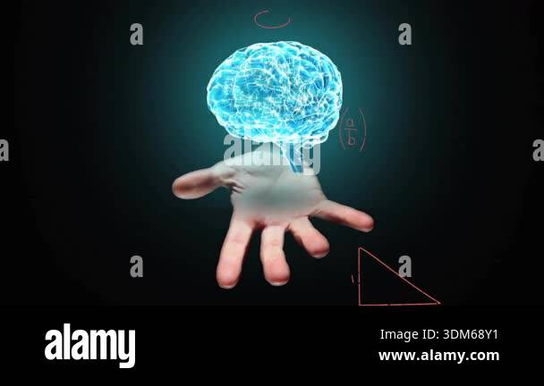 Thin red line tracing across dark void hand lifting cyan brain for math ...