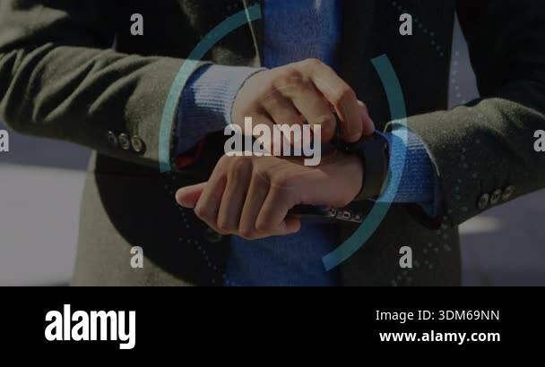 Man tapping smartwatch, showing rings and cloud lock while accessing ...