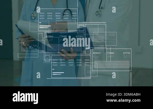 Nurse flipping chart and doctor pointing appearing data panels in ...