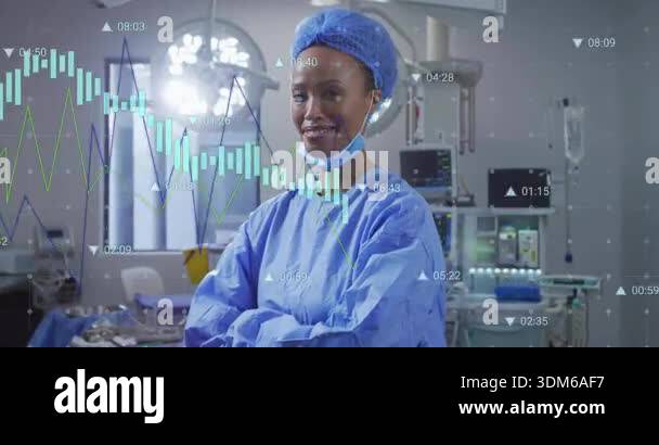 Surgeon tracking animated charts climbing and falling in operating room ...