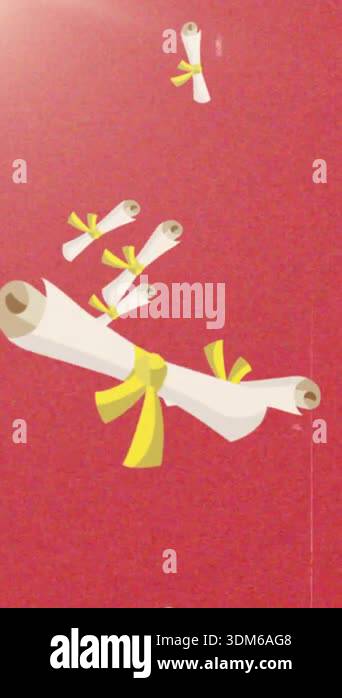 Graduation scrolls with yellow ribbons rotating over red background ...