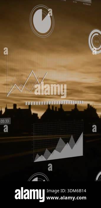 Animation of data analytics graphics overlaying city skyline during ...