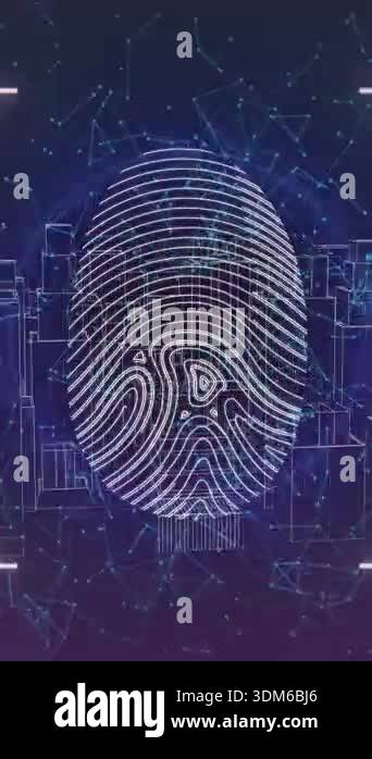 Animation of data processing over biometric fingerprint and cityscape ...