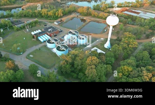 Water treatment facility is seen from above it has large tanks water ...
