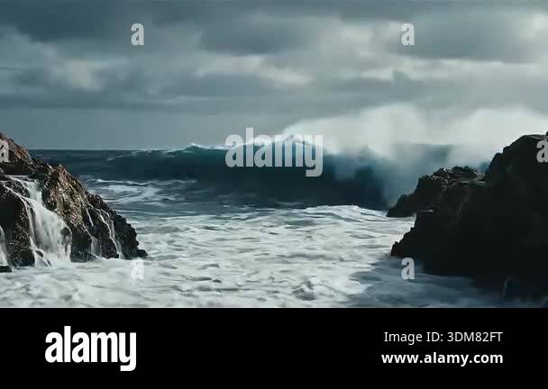 Dramatic ocean waves crashing against a rocky coastline under a stormy ...