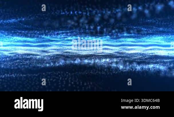Flowing blue particle waves form a luminous horizontal stream, creating ...