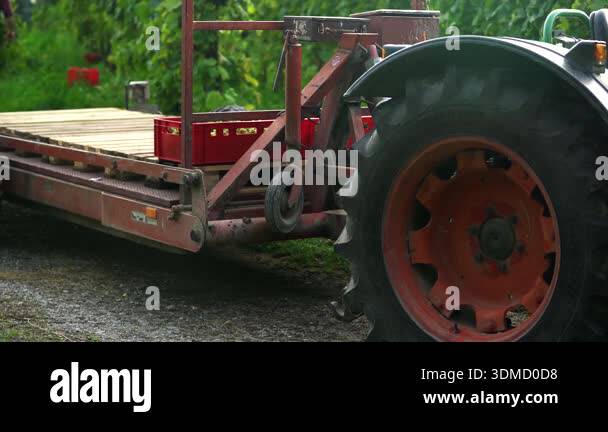 Farm tractor stands near a trailer loaded with wooden crates. The ...