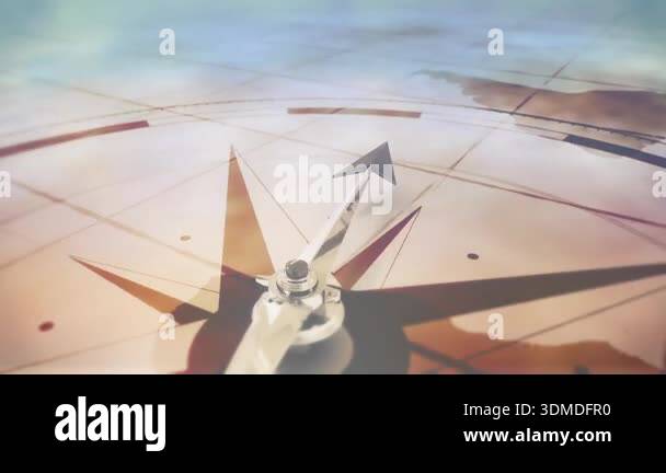 Camera pulling back showing 3D compass dial and metallic arrow turning ...