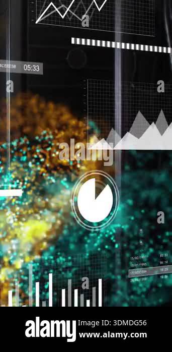 Animation of data processing and digital waves against black background ...