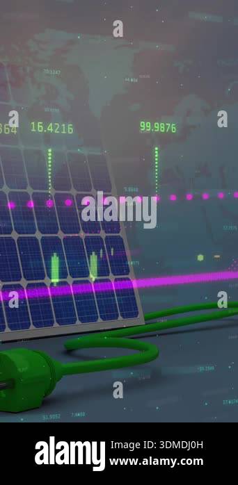 Animation of financial data processing over solar panel. Electricity ...