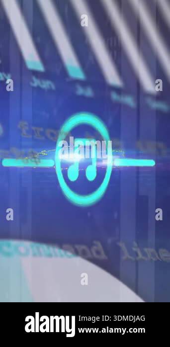 Animation of media icons over data processing and server room. Global ...