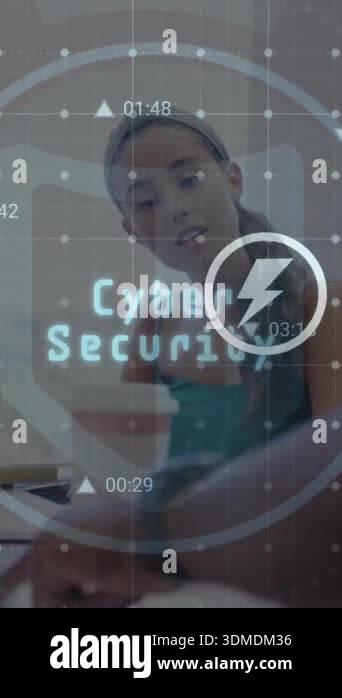 Animation of cyber security text, barcode, sustainable icon, diverse ...