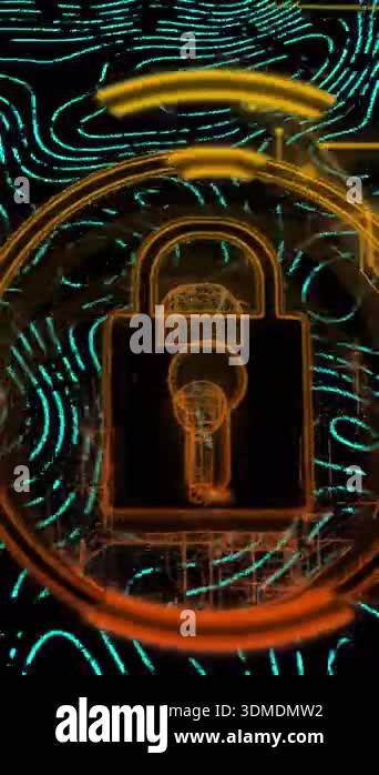 Lock and key symbol animation over digital fingerprint patterns ...