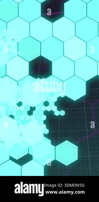 Hexagonal grid and data visualization animation over dark background ...