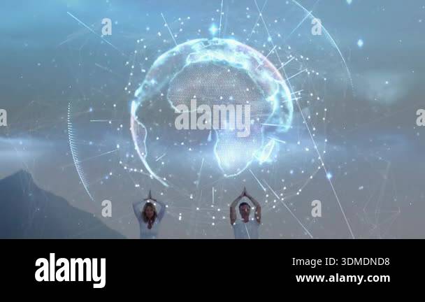 Rotating holo globe on beach urging wellness duo raising hands overhead ...