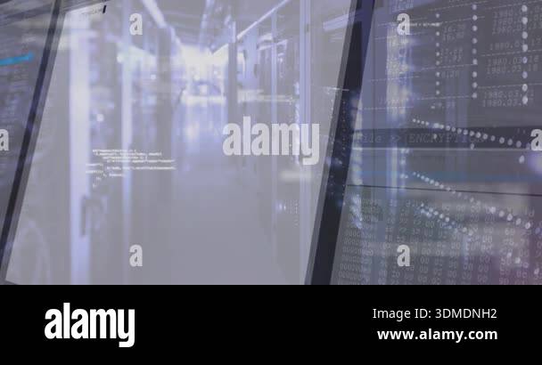 animation starting html code overlay scrolling over... Server corridor opening showing code overlay scrolling and hex panel ...