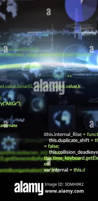 Programming code and data processing animation over Earth from space ...